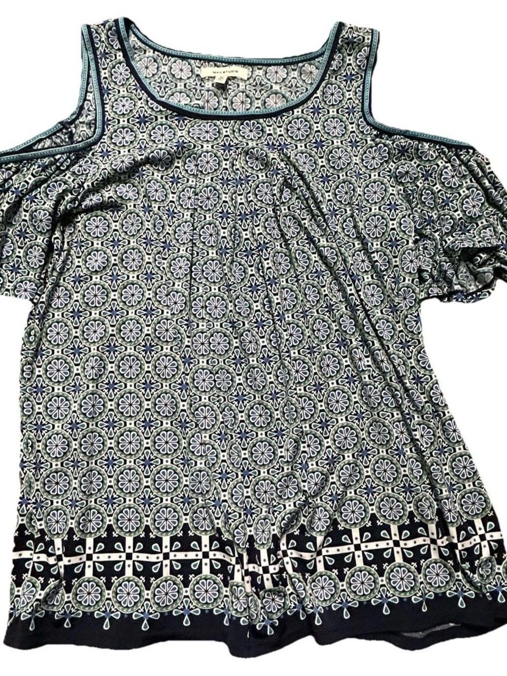 Women’s Max Studio Cold Shoulder Geometric Top Blouse Size Medium